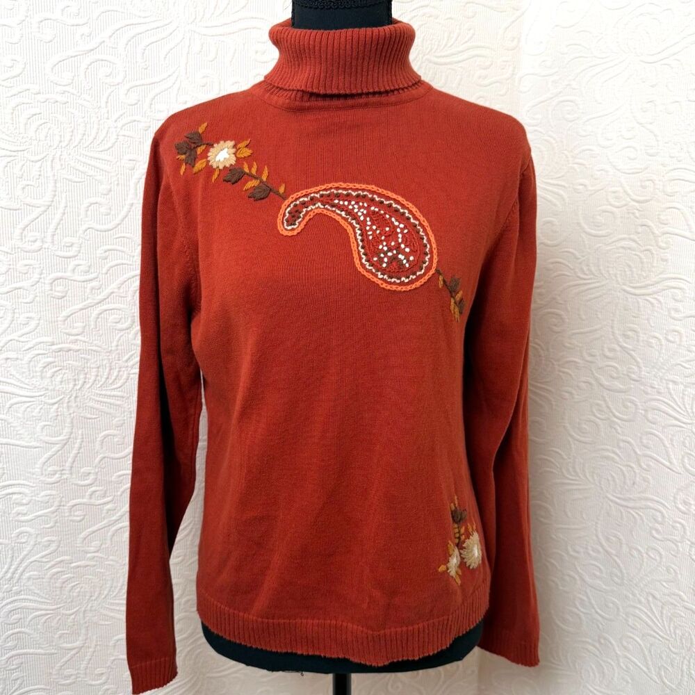 Goodclothes Burnt Orange Cotton Paisley Fall Embroidered Turtleneck Sweater L